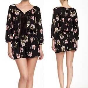 DR2 Daniel Rainn Floral Romper Small Black Pink One Piece Lace Sheer Bohemian